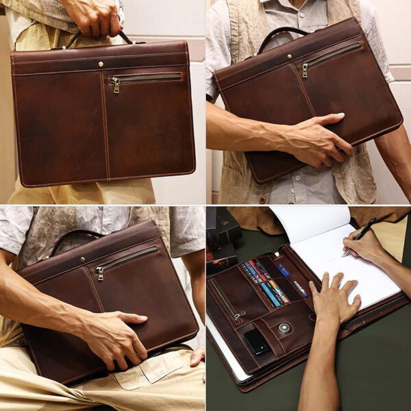 Model holding Leather Briefcase